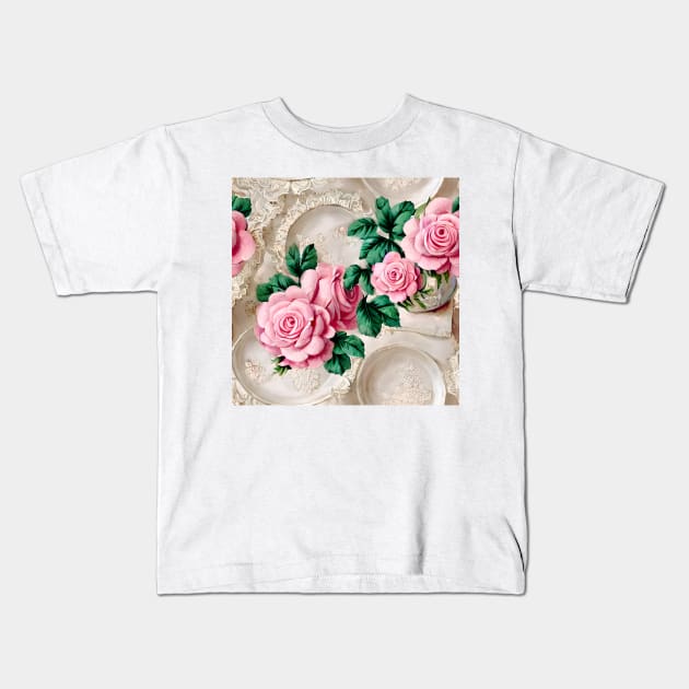 Roses and lace French shabby chic rococo pattern Kids T-Shirt by SophieClimaArt